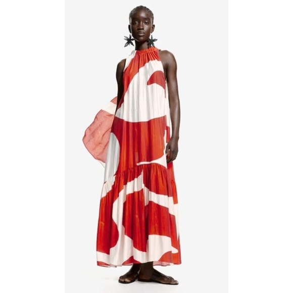 H&M Voluminous maxi dress Summer 2024 Collection (orange/Patterned) Size  XXL - Picture 1 of 16